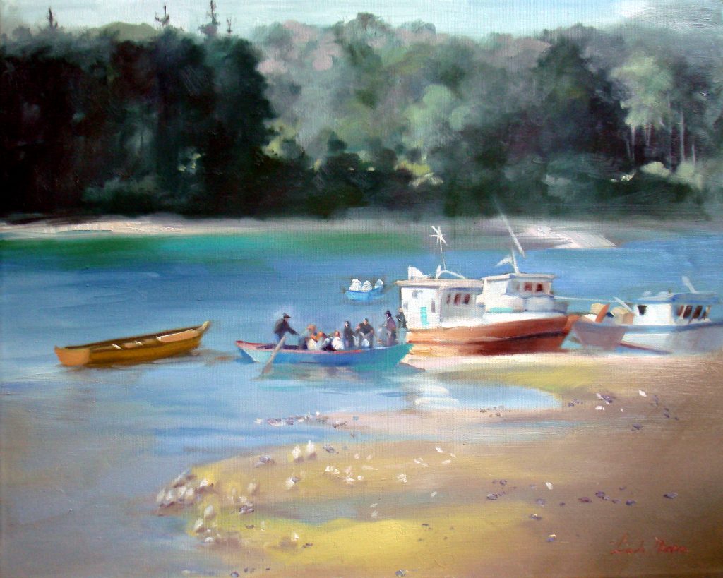 Boating in Chile Houseboat Lake Oil on Canvas by Linda Nearon Artist