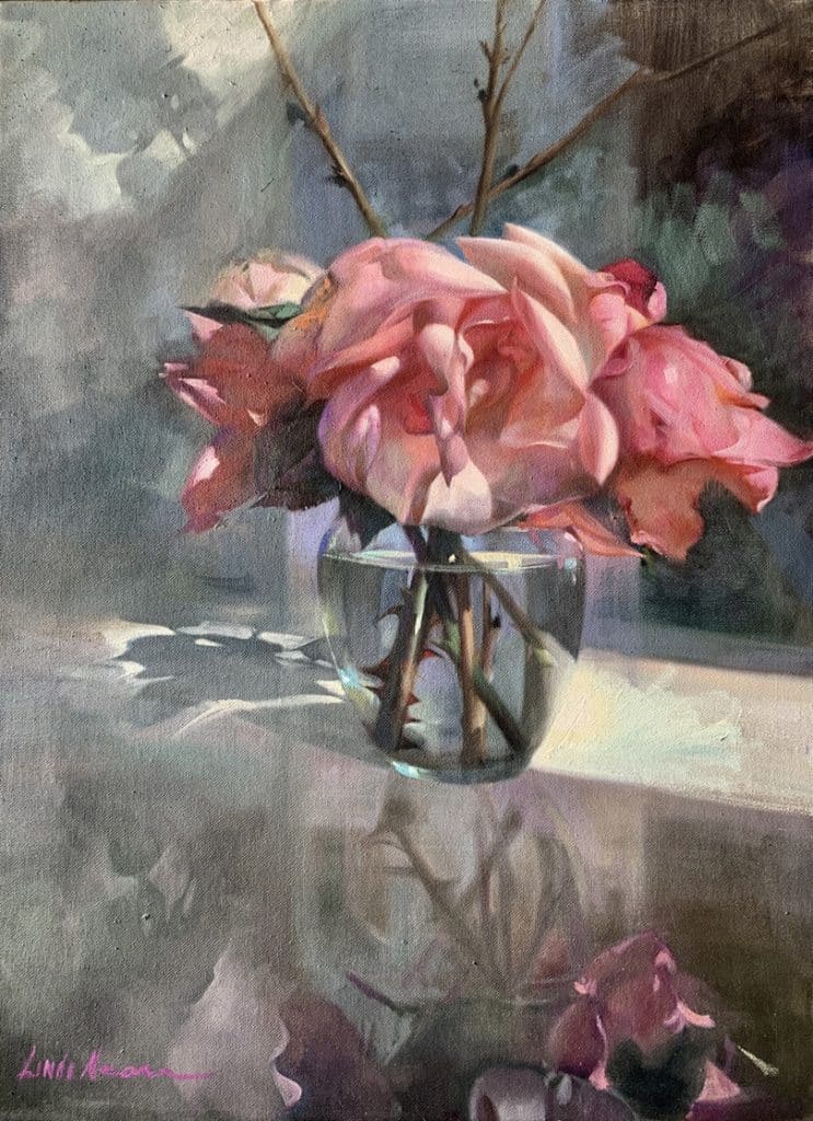 Pink Rose Reflections Oil on Canvas by Linda Nearon Artist