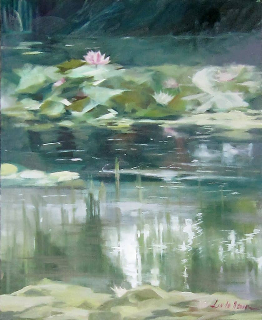 Tranquility Lilies and Lake Oil on Canvas by Linda Nearon Artist